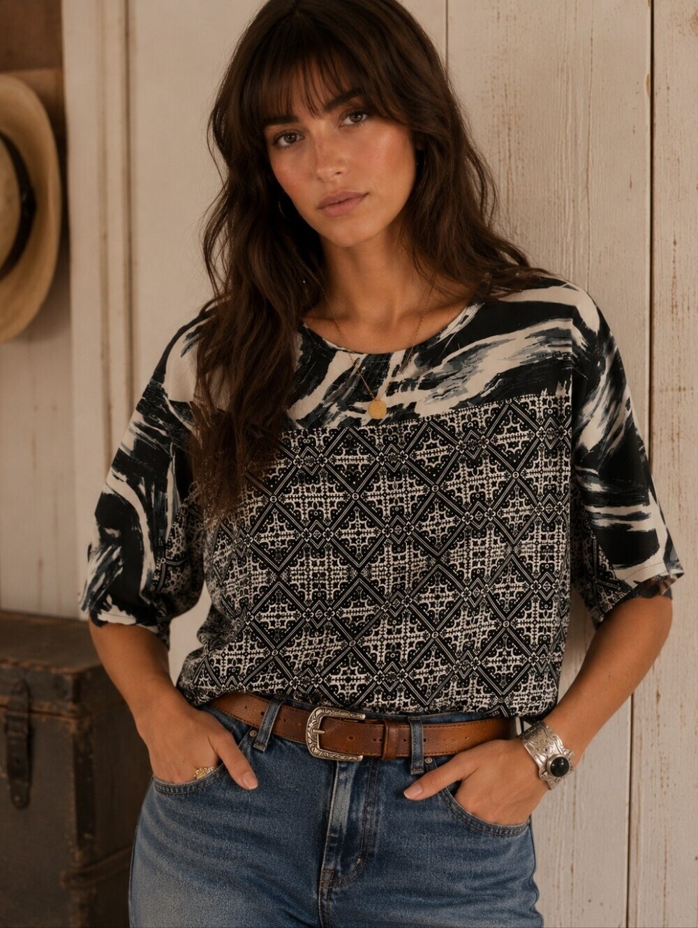 BCBGMAXAZRIA Black White Abstract Print Dolman Sleeve Blouse Top Large